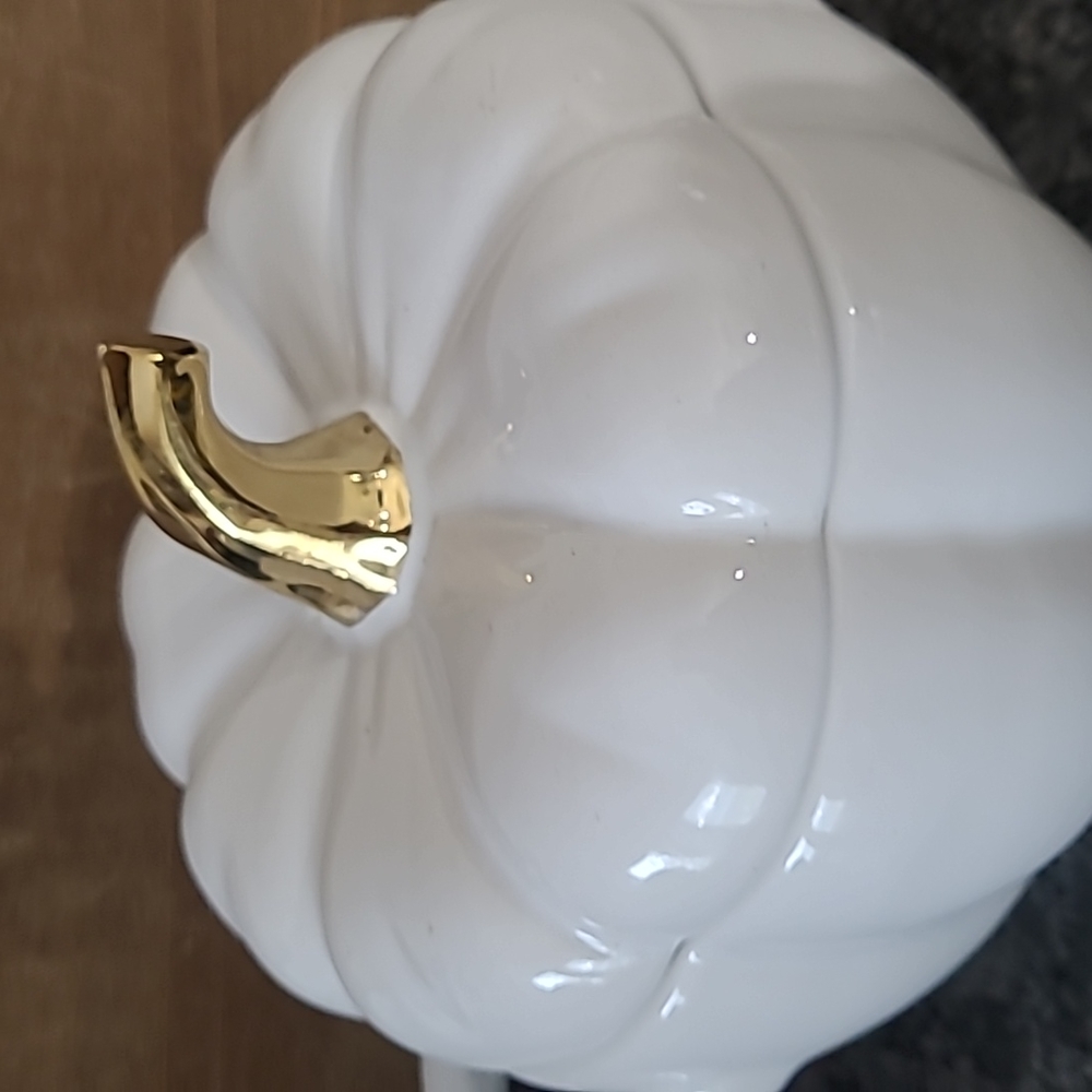 White Ceramic "Pumpkin" Shaped .8 Quart Dip/Soup Dish with Lid - Picture 5 of 13
